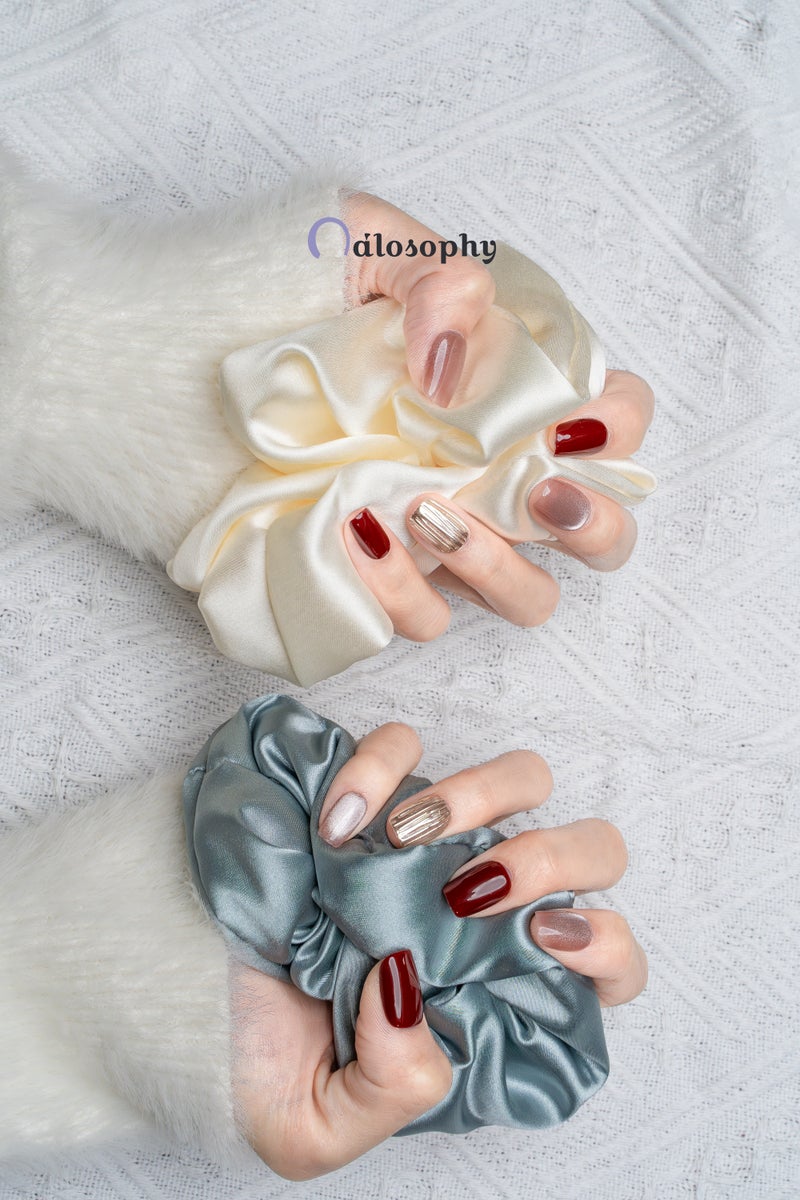 Nailosophy Handmade Luxury Press-on Nails Burgundy Red & Champagne Ripple | Square Shape - Image 4